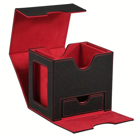 Trading Card Deck Storage Case PU Leather Deck Box - Accessories Drawer Black Red Lining