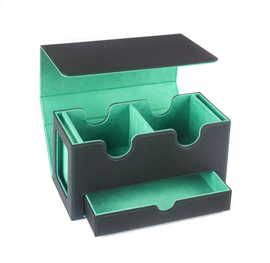 Double Deck Holder Dice Coin Tray & Double-Window View Trading Card Magnetic Storage Case - Black/Green Lining - Flip-Top Deck Box